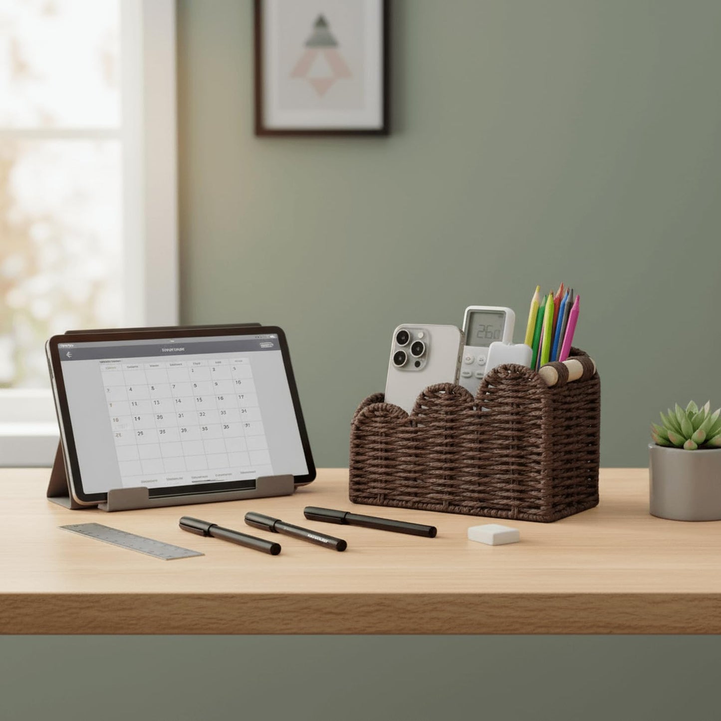 CubesLand Bedside Table Desk Organizer Caddy, Remote Pen&Pencil Holder Cup, Makeup Brush Holder w/Scalloped Perfect for Home, Office Desk, Living Room Table Decor, 3 Slots Brown