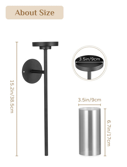 Walasis Black Wall Candle Holder Decor: 22 Inch Metal Long Candle Sconces with Smokey Grey Hurricane Modern Minimalist Decoration for Hallway Living Room Beside Fireplace TV