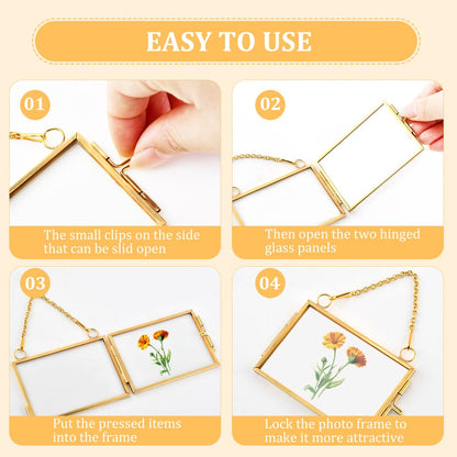 YOSINXU 4PCS Glass Frame for Pressed Flowers, 2x3 Inch Brass Hanging Photo Frame Double Glass-Frame with Chain for Pressed Flowers Leaf and Artwork with Ribbon