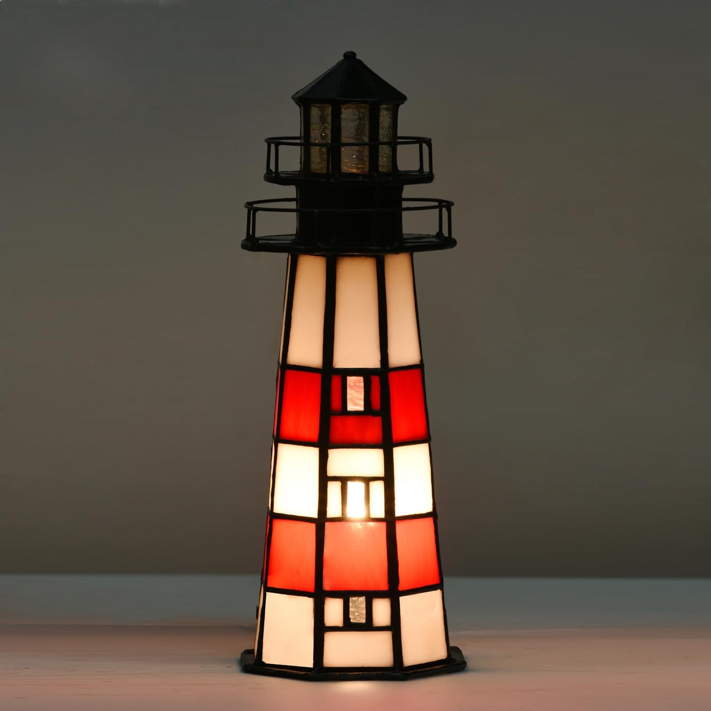 HomeBeauty A0016 Tiffany Lighthouse Lamp Stained Glass Accent Table lamp Night Light for Home Decoration, Bulb Included (RED)