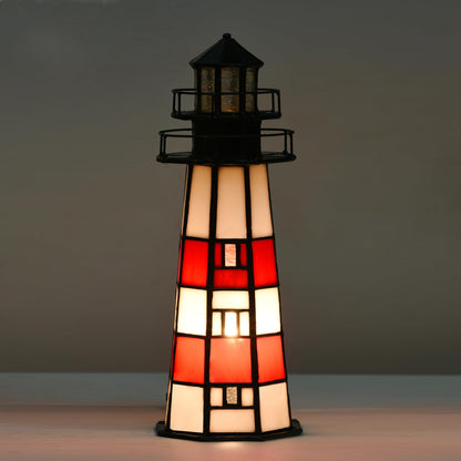 HomeBeauty A0016 Tiffany Lighthouse Lamp Stained Glass Accent Table lamp Night Light for Home Decoration, Bulb Included (RED)