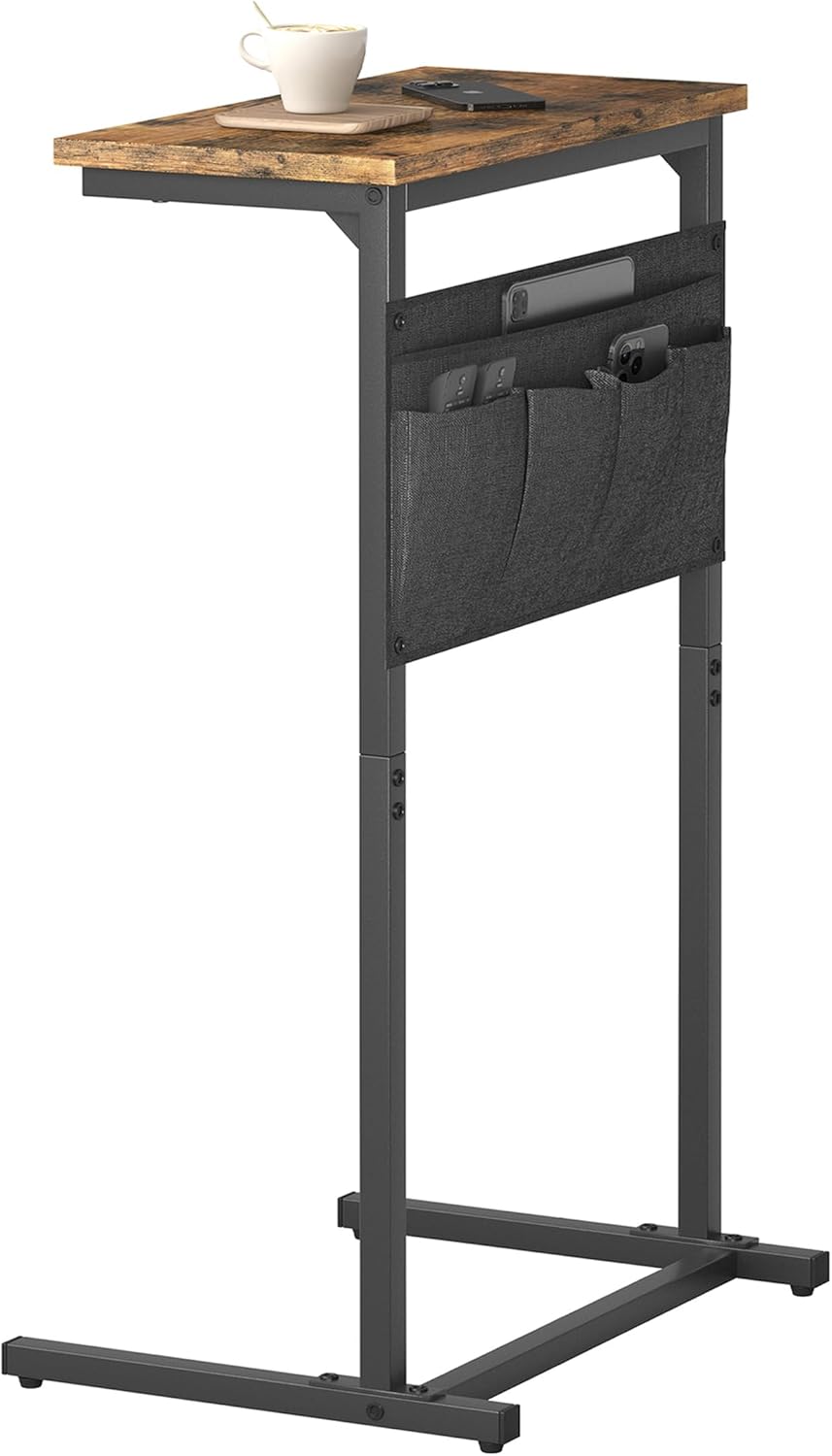 LET501R C Shaped End Table, Side Table for Sofa, Small TV Tray, Couch Table with Storage Bag for Small Space, Living