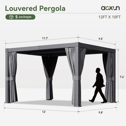 Aoxun Louvered Pergola 10x12 All-Aluminum Outdoor Gazebo with Independent Adjustable Roofs, Waterproof Curtains and Netting, Integrated Drainage System for Patios & Backyard
