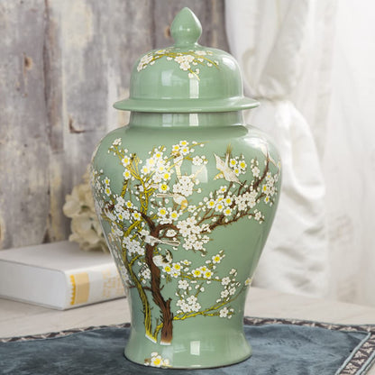 EliteBloom Green Ceramic Ginger Jar With Lid For Home Decor,Traditional Chinese Trees And Flowers Temple Jar, Jingdezhen Handcrafted Porcelain Vase Centerpiece Decor M (Green L) (Green L)