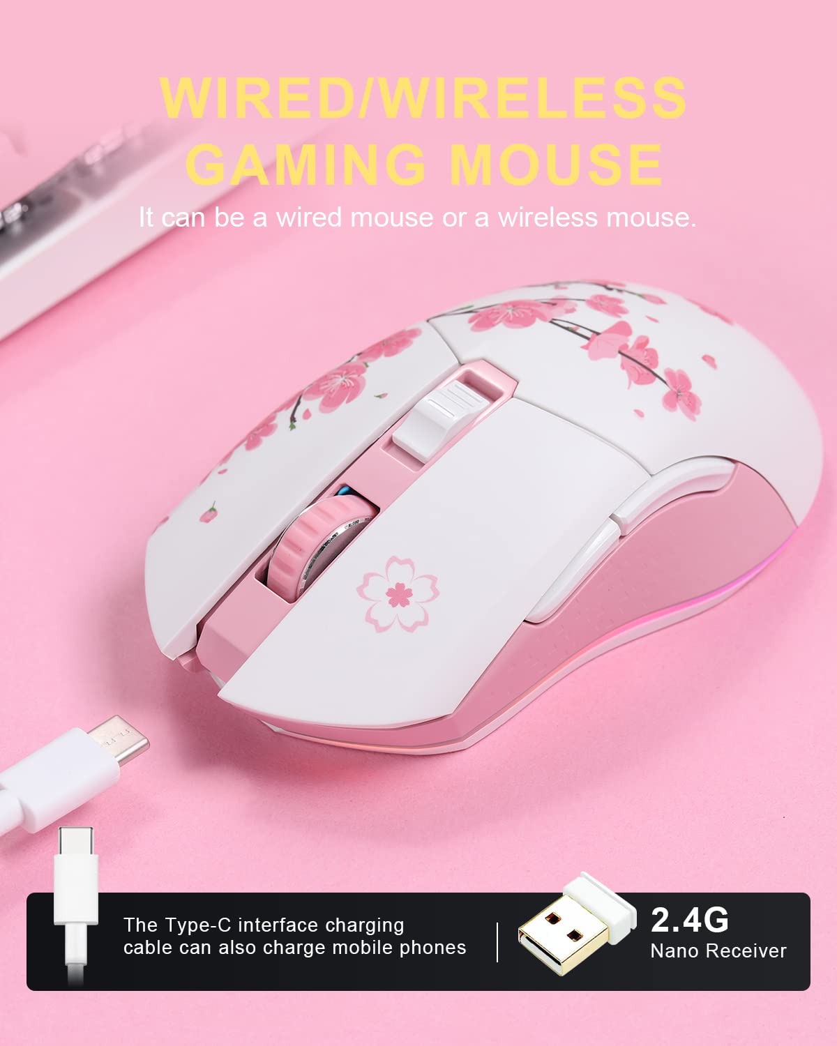 DAREU Sakura Pink Wireless Wired Gaming Mouse, Dual-Mode Rechargeable 7 Programmable Buttons,10K DPI,RGB and 7 Adjustable DPI Levels up to [150IPS] [1000Hz Polling Rate] for PC Notebook Mac