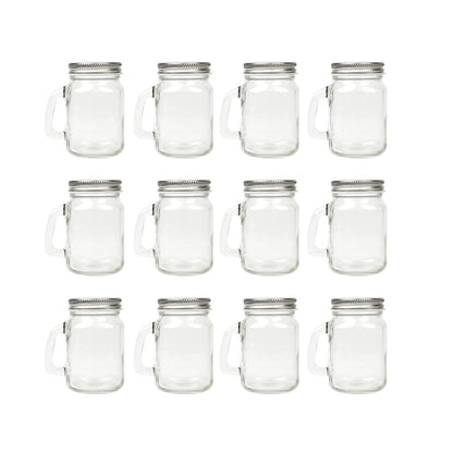 Homelike Style 4 oz Mini Mason Jar Mugs with Handle, Small Glass Jars with Airtight Metal Lids, 12 Pack Empty Glass Mugs for Gift Party Wedding Candle and Favor