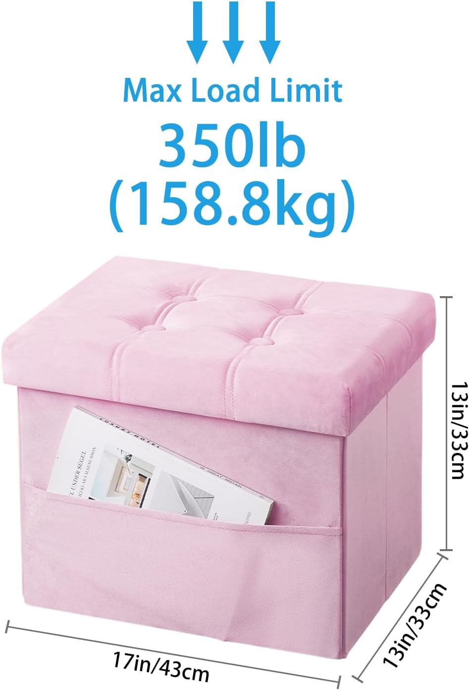 17 inches Storage Ottoman Foot Stool, Folding Ottoman with Storages, Velvet Storage Bench with Side Pocket, Foot Rest