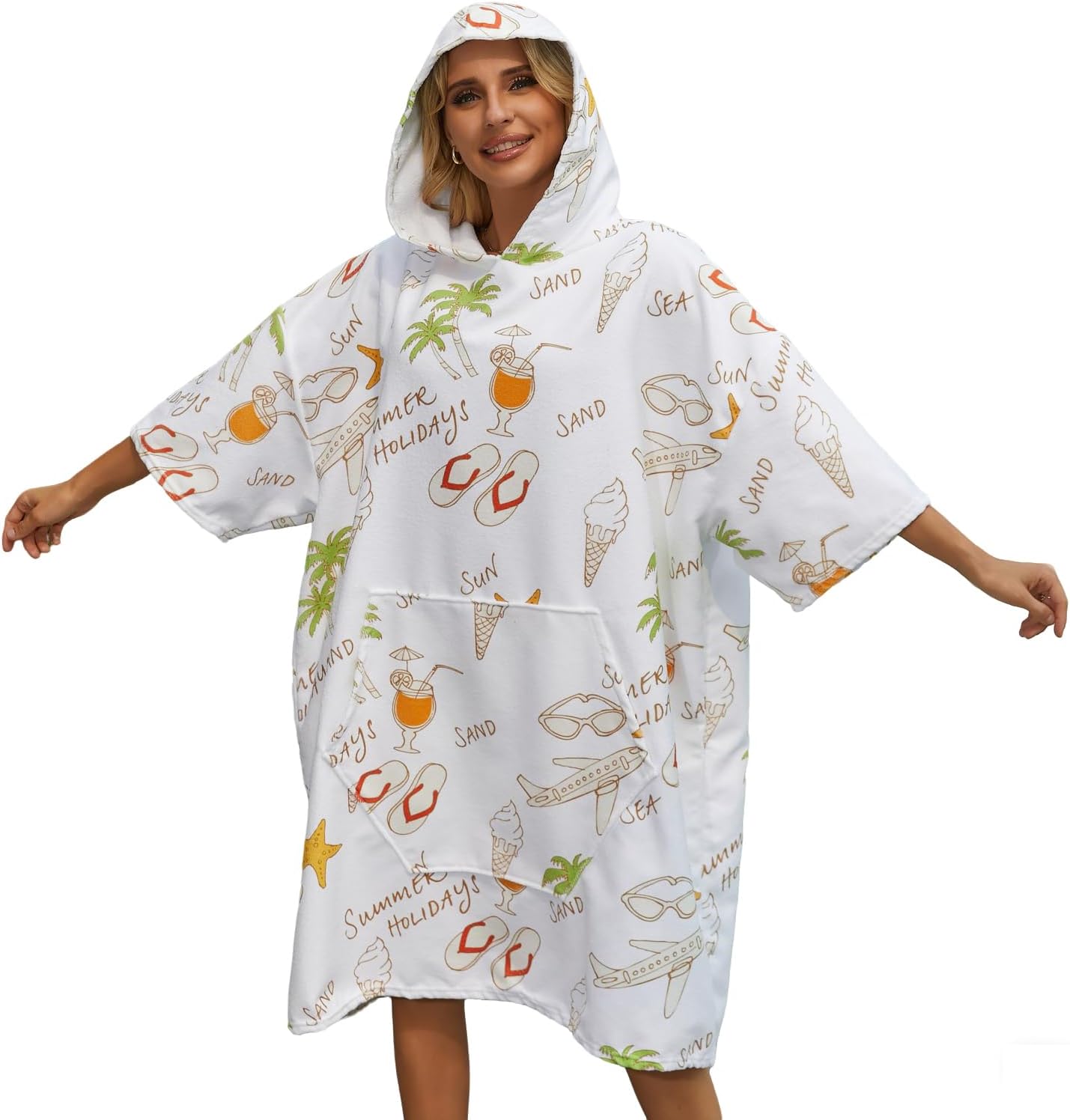Swimmer Surf Poncho Hooded Towel for Adults Quick Dry Beach Changing Robe with Pockets, Unisex Swim Cover-Up, Ice Cream