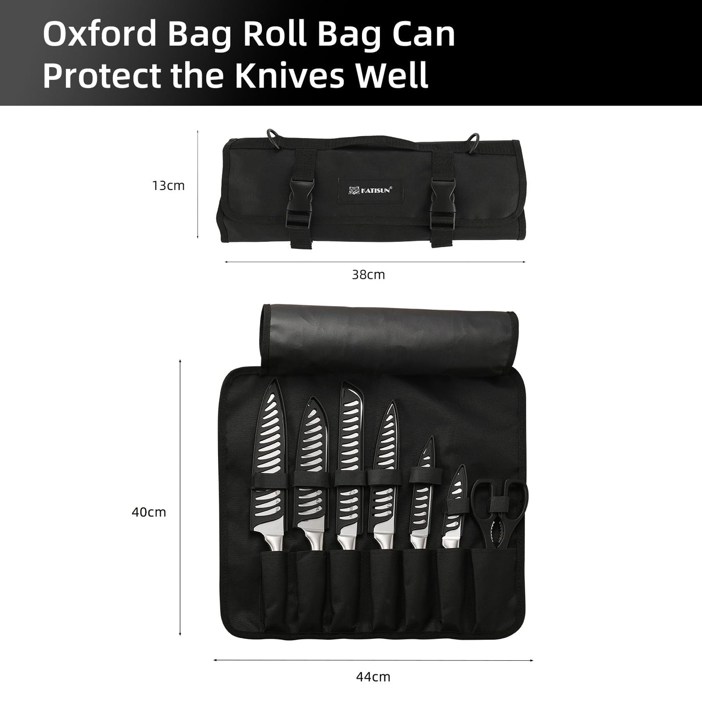 KATISUN Knife Set Roll Bag, 8 Pieces German High Carbon Stainless Steel Chef Knives with Hollow Handle, with Portable Knife Roll Storage Bag, Blade Guards, Kitchen Shears for Outdoor Camping Travel