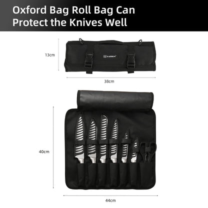 KATISUN Knife Set Roll Bag, 8 Pieces German High Carbon Stainless Steel Chef Knives with Hollow Handle, with Portable Knife Roll Storage Bag, Blade Guards, Kitchen Shears for Outdoor Camping Travel