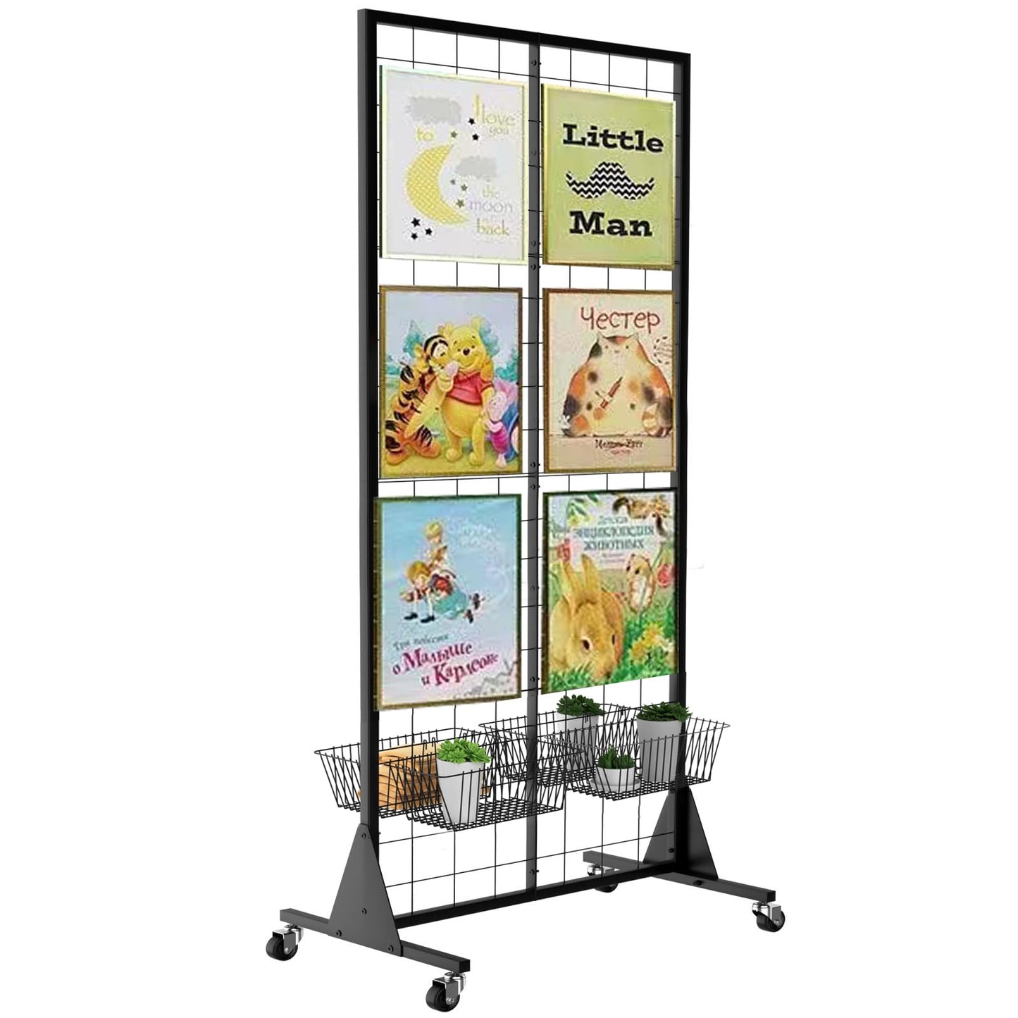 QKOSMTL Gridwall Panel Display Stand, 2'x5.5' Heavy Duty Floor Standing Rack with Detachable Girdwall, Movable Silent Wheel, Easy to Transport, Ideal for Retail & Craft Fairs