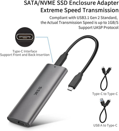 SSK Aluminum M.2 to USB NVMe SATA SSD Enclosure Reader, Tool-Free USB 3.2 Gen 2 10Gbps NVMe PCI-E 6Gbps SATA M-Key / B+M Key Solid State Drive External Adapter with UASP Trim, for SSDs 2242 2260 2280