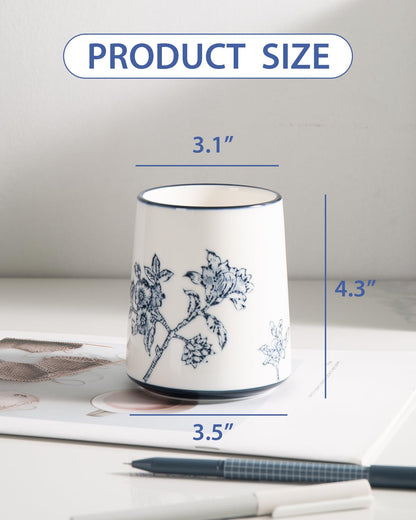 Magclay Pencil Holder for Desk, Ceramic Pen Holder, Blue and White Chinoiserie Desk Pen Organizer, Flowers and Branches