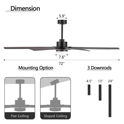 WINGBO 72" Ceiling Fan with Light and Remote Control, 6 Speed Reversible DC Motor, Dimmable LED Light, for Home and Commercial Use, Living Room/Shop/Warehouse Black/Walnut