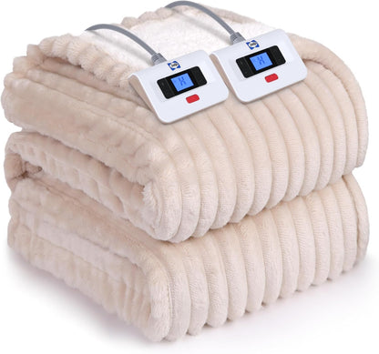 SEALY Electric Blanket Full Size, Soft Ribbed Flannel to Sherpa Reversible Heated Blanket with 10 Heat Settings & 1-12 Hours Auto-Off Overheat Protection, Machine Washable, 72"x84" Beige