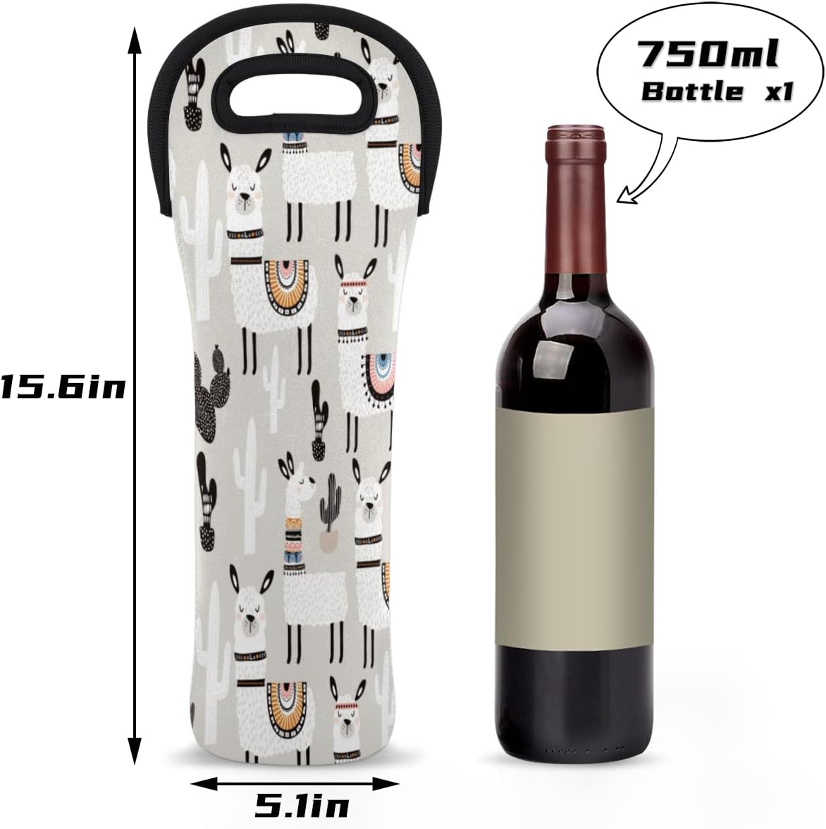 Camel Llama Wine Tote Bag - Neoprene Wine Carrier for Party, Travel, Restaurant, Alpaca Cactus Wine Accessories
