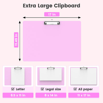 Macroclo Extra Large 11x17 Clipboards, Plastic Pink Drawing Boards, Horizontal Clip Board, Landscape Layout. Suitable for Watercolor, Sketching, Painting. Art & Drafting Supply