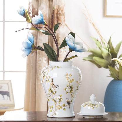 ZHOUXIAO White Ceramic Ginger Jar with Lid for Home Decor,Traditional Chinese Flowers and Birds Temple Jar, Jingdezhen Handcrafted Porcelain Vase Centerpiece Decor L