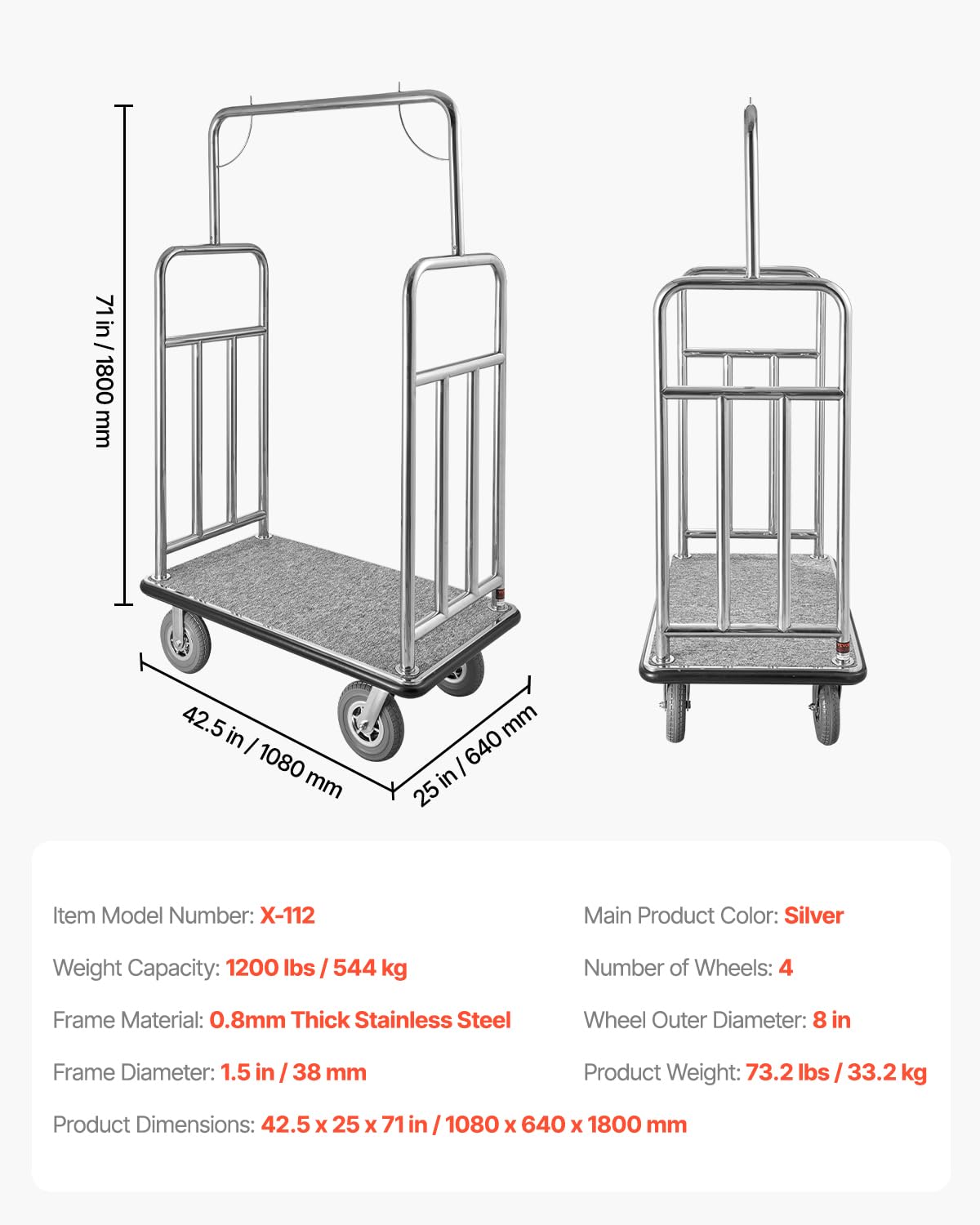 VEVOR Hotel Luggage Cart, Brushed Stainless Steel Finish Bellman's Cart, 1200 LBS Valet Cart with Grey Carpeted Deck and 8-inch Rubber Wheels, Ideal for Hotels, Condos, Resorts, Silver