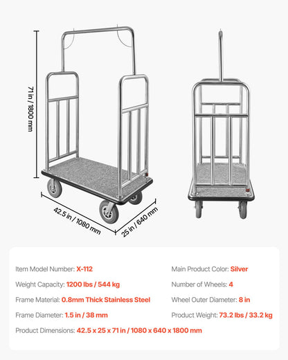 VEVOR Hotel Luggage Cart, Brushed Stainless Steel Finish Bellman's Cart, 1200 LBS Valet Cart with Grey Carpeted Deck and 8-inch Rubber Wheels, Ideal for Hotels, Condos, Resorts, Silver