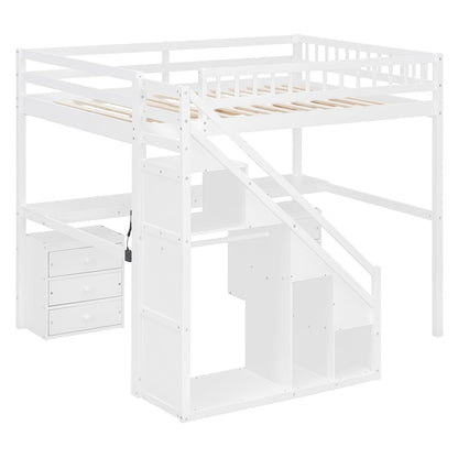 Merax Full Size Wood Loft Bed with Stairs, Built-in Desk, 2 Storage Drawers & Lights, Space Saving Bed for Teens, Adults, Study Loft Bed with Underbed Storage, White
