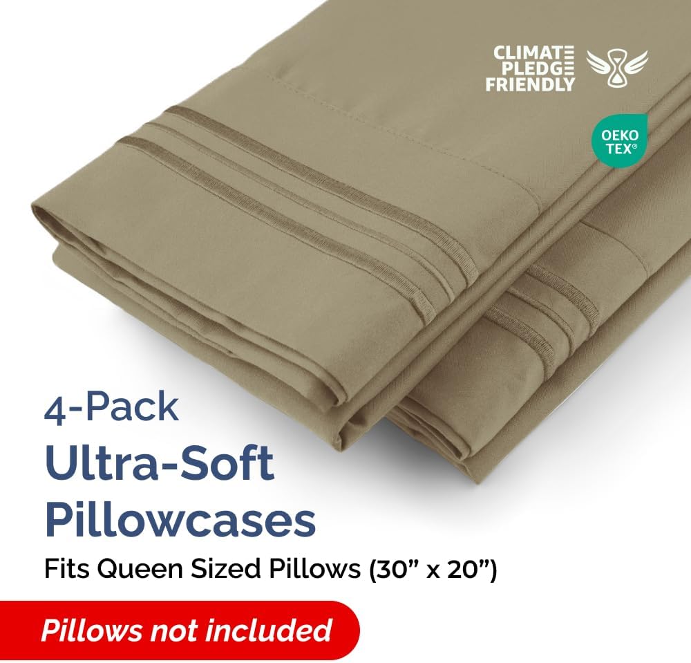 Skiennix Queen Pillow Cases Set of 4 - Ultra Soft Hotel Quality Covers - Wrinkle Free & Fade Resistant - Khaki