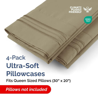 Skiennix Queen Pillow Cases Set of 4 - Ultra Soft Hotel Quality Covers - Wrinkle Free & Fade Resistant - Khaki