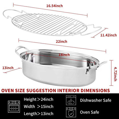 Roasting Pan With Rack and Lid,Oval Stainless Steel Turkey Roasting Pan,22INCH(With Handle), Dishwasher Safe Bakeware for Turkey,Roasted Chicken,Beef or Veggies,by DIMESHY