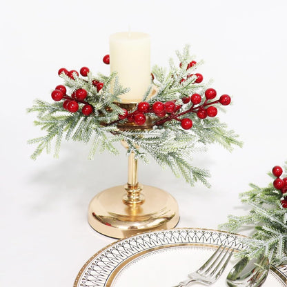 Skiennix 2-Piece Christmas Wreath Candle Rings - Artificial Cedar & Cypress with Red Berries | Holiday Table Decor