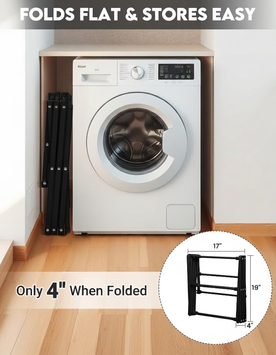 Skiennix 3-Tier Metal Folding Clothes Drying Rack - Collapsible Indoor & Outdoor Laundry Dryer | Black