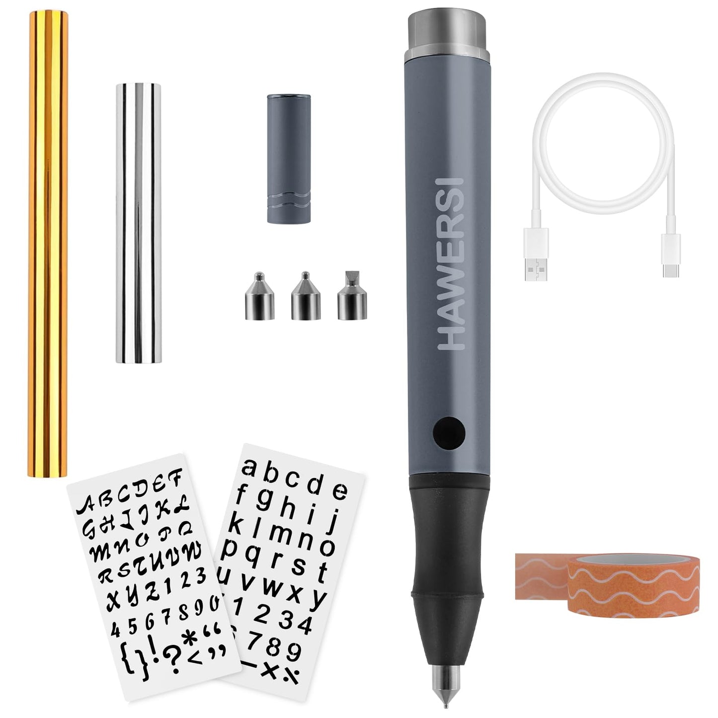 HAWERSI Cordless Hot Foil Pen Starter Kit,Foil Quill Tool with Stencil Sheets,4 Metal Tips(Fine,Standard,Bold,and Flat),Rolls in Gold,Silver and Placement Tape DIY Scrapbooks,Leather,Cards