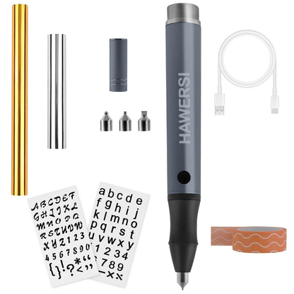 HAWERSI Cordless Hot Foil Pen Starter Kit,Foil Quill Tool with Stencil Sheets,4 Metal Tips(Fine,Standard,Bold,and Flat),Rolls in Gold,Silver and Placement Tape DIY Scrapbooks,Leather,Cards