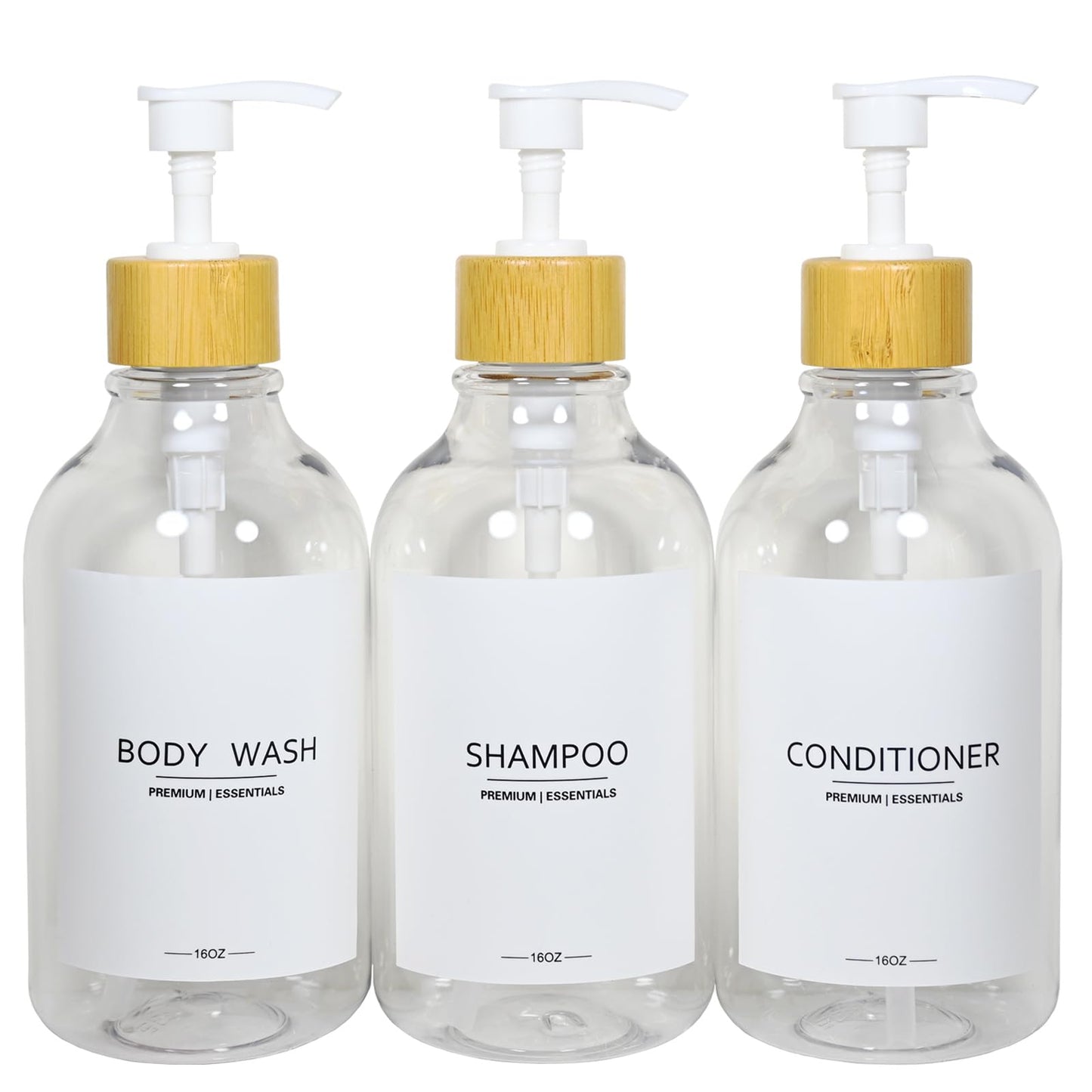 Gails Willing Shower Shampoo and Conditioner Bottles, Apothecary Dispenser Bamboo Pump, Refillable Bottles for Lotion Oil Hand Soap and Dish Soap, Plastic Set (3 Bottles 9 Labels) (3, Clear)