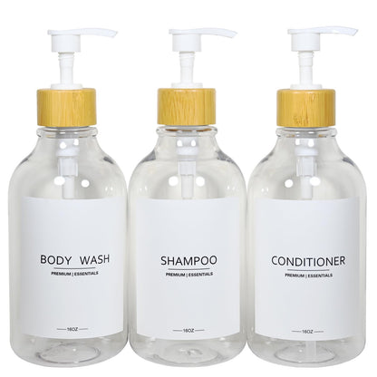 Gails Willing Shower Shampoo and Conditioner Bottles, Apothecary Dispenser Bamboo Pump, Refillable Bottles for Lotion Oil Hand Soap and Dish Soap, Plastic Set (3 Bottles 9 Labels) (3, Clear)