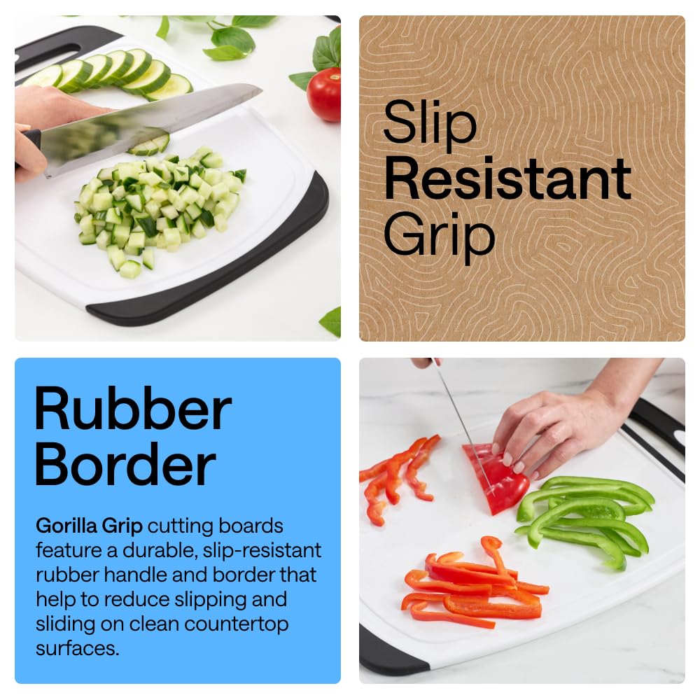 GORILLA GRIP BPA-Free Reversible Kitchen Cutting Board Set of 3, US Designed, Nonporous, Juice Grooves Catch Liquid, Slip Resistant Border, Dishwasher Safe, Durable Large Food Chopping Boards, Black