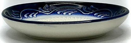 BonCera, All-in-one Premium Ceramic Garlic Grater Plate 4-Piece Set - Dark Blue Floral Edge Design - For Garlic, Ginger, Chocolate, and more! - Comes with 5" Plate, Peeler, Brush, and Stand