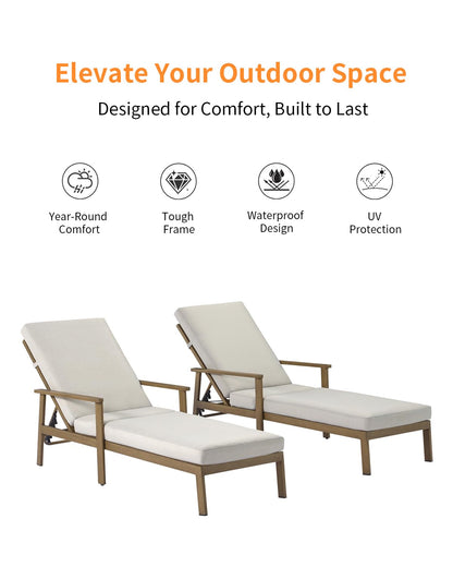 SEEHILL 2-Pack Teak Chaise Lounge Chairs, Never Rust Aluminum Outdoor Pool Lounge Chair Set with Gray Cushions, 6-Position Adjustable Patio Loungers, Outdoor Lounge Chairs for Poolside, Beach, Yard