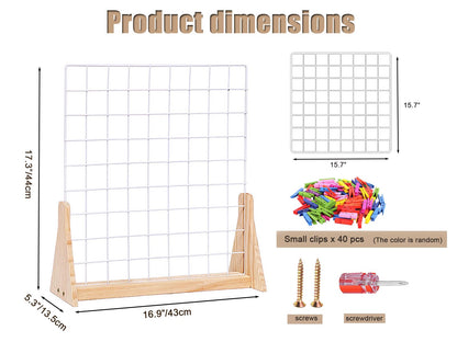 WANMEIZI 15.7”X15.7” Grid Wall Countertop Display Stand Metal Grid Wall Stand with Mini T-Base Portable Tabletop Display Unit with 20 Small Clips for Shows Retail Crafts Artistic Drawings Photos