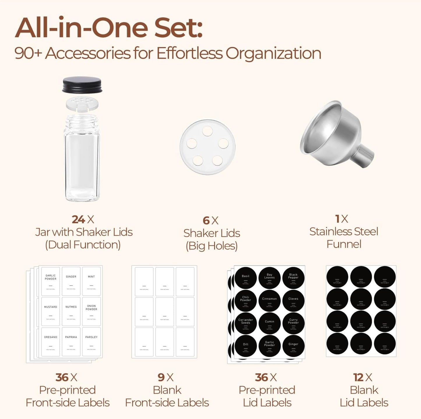 24Pcs 4oz, 93 ComSaf Glass Spice Jars with Label, Labels, a Metal Funnel, Extra Shaker Lids, Empty Spice Containers