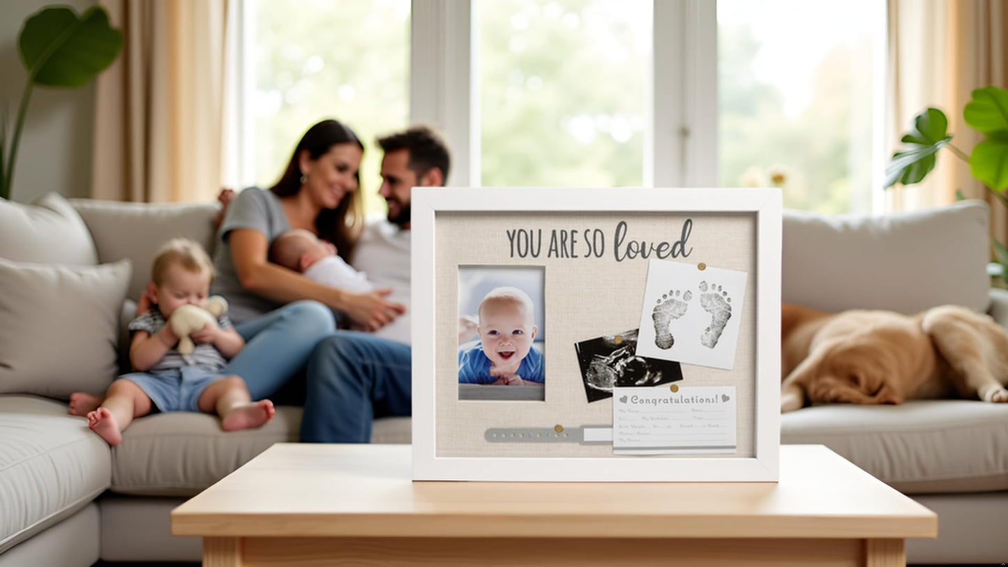 Kate & Milo You Are So Loved Collage Frame, Newborn Keepsake Box, Baby Memento, Nursery Decor, Handprint and Footprint Ink Pad Included, Linen Mat, White