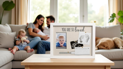 Kate & Milo You Are So Loved Collage Frame, Newborn Keepsake Box, Baby Memento, Nursery Decor, Handprint and Footprint Ink Pad Included, Linen Mat, White
