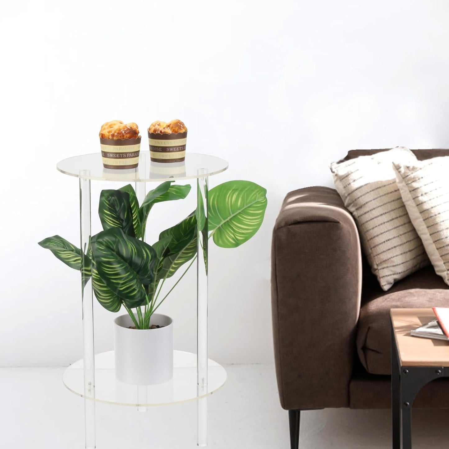 YINSHCO 2 12" Acrylic Detachable End Table, Round Acrylic Coffee Table, Tier Multifuntional Clear Nightstand End Table