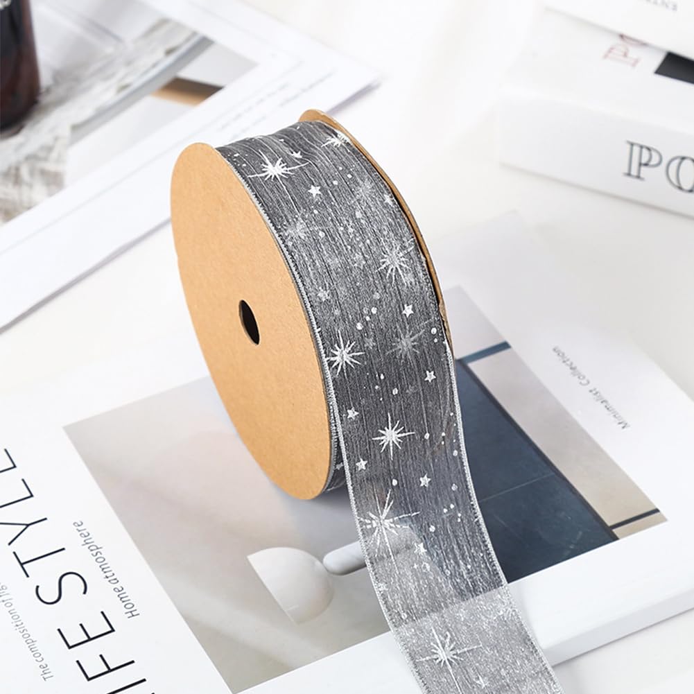 CABODYALS 40 Yards Grey Star Transparent Ribbons Sheer Wrapping Ribbon Silver Stars Stamping Organza Chiffon Silk Print Ribbon for Sewing Making Craft Gift Wrapping DIY Christmas Dress Decor Supplies