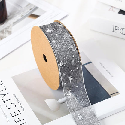 CABODYALS 40 Yards Grey Star Transparent Ribbons Sheer Wrapping Ribbon Silver Stars Stamping Organza Chiffon Silk Print Ribbon for Sewing Making Craft Gift Wrapping DIY Christmas Dress Decor Supplies
