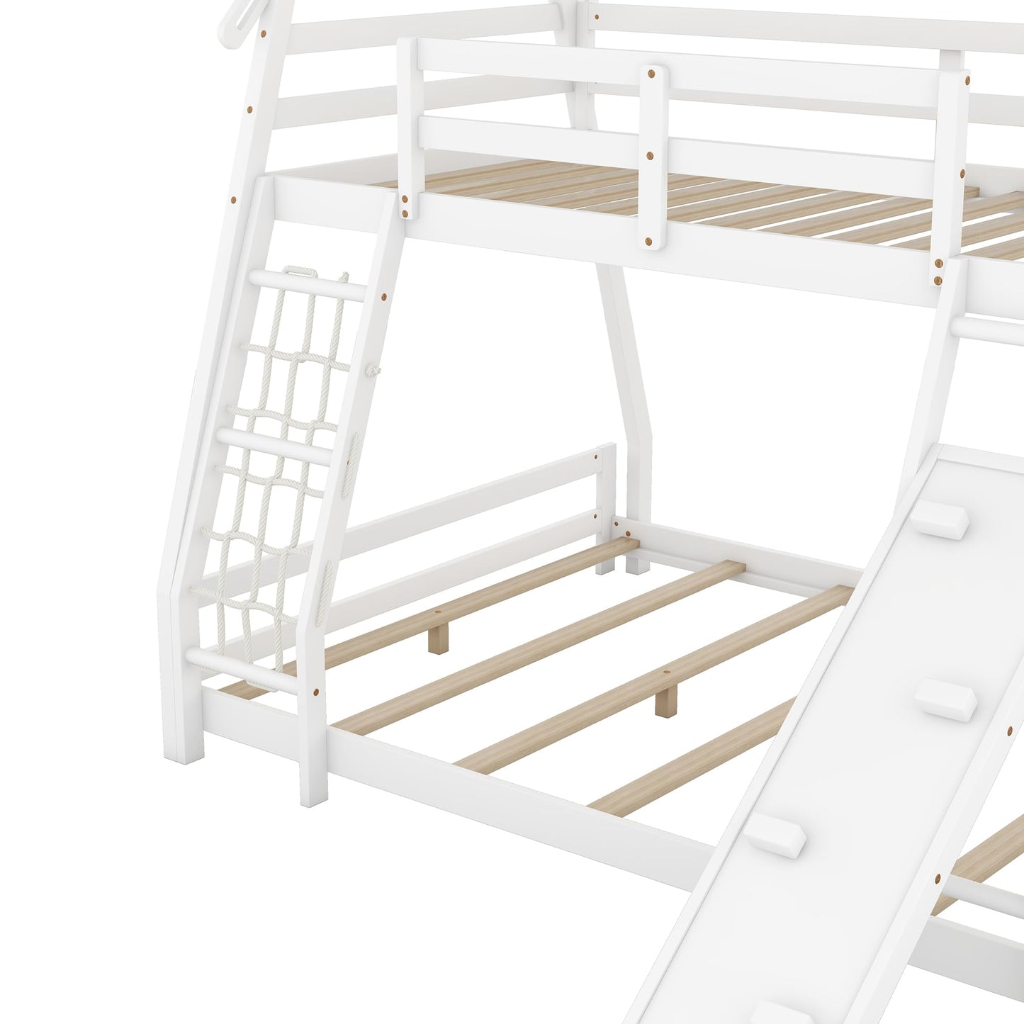 Bellemave Bunk Bed Twin Over Queen with Slides and Stairs, House Bunk Bed with Climbing Nets and Climbing Ramp for Kids, Teens, White