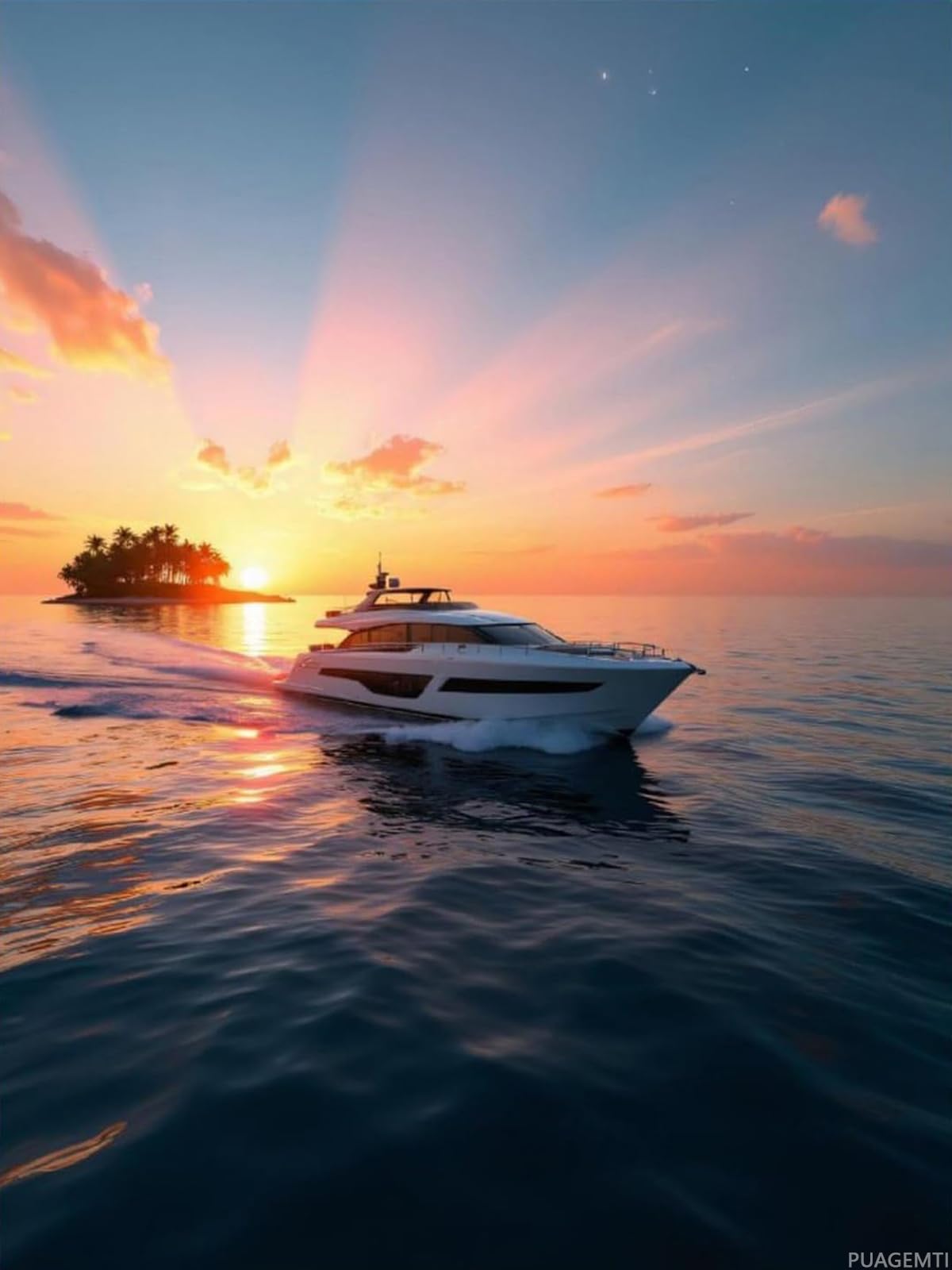 PUAGEMTI Sunset Yacht Island Cruise Scene Diamond Art Kits for Adults, 5D DIY Full Drill Diamond Painting Kits for Adults Beginners, Diamond Painting Kit for Wall Home Decor (No Frame) 12x16 Inch