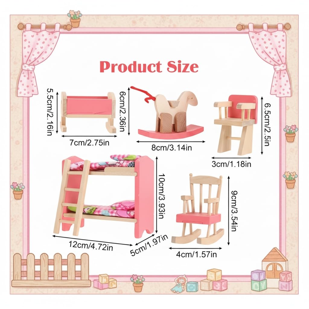JOINPAYA Wooden Dollhouse Bedroom Furniture: Doll Bunk Bed Rocking Horse Chair, DIY 1:12 Scale Miniature Doll House Decoration Accessories for Ages 3+ Role-Playing