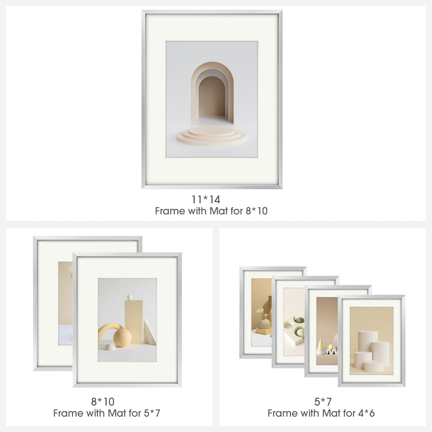 Frametory, Aluminum Picture Frames Set of 7 - Silver Gallery Wall Kit - Display One 11x14, Two 8x10, and Four 5x7 inch Photos for Home Decoration