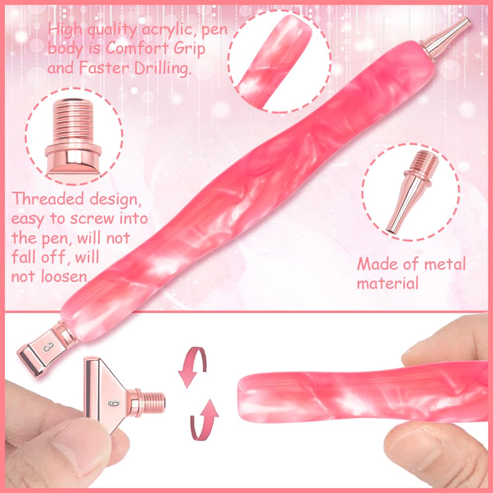 Praise V Do Diamond Painting Art Drill Pen Kit with Screw Stainless Steel Rose Metal Tip Nibs Placers Roller Tool Accessories, Diamond Art Pen for 5D Diamond Paint Bead Dot NeonPink