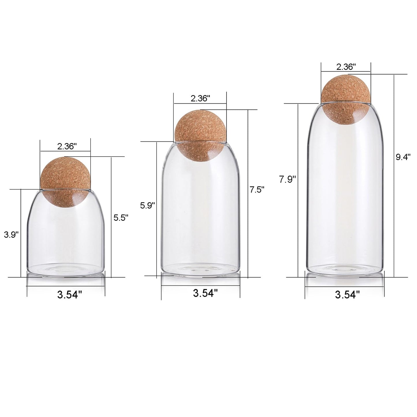 Suwimut 3 Pack Glass Storage Jar with Ball Cork Lid, Clear Glass Canisters with Cork Ball, Cute Decorative Round Glass Bottles with Airtight Wooden Lid for Spice, Sugar, Salt, Tea, Nuts, Coffee Beans